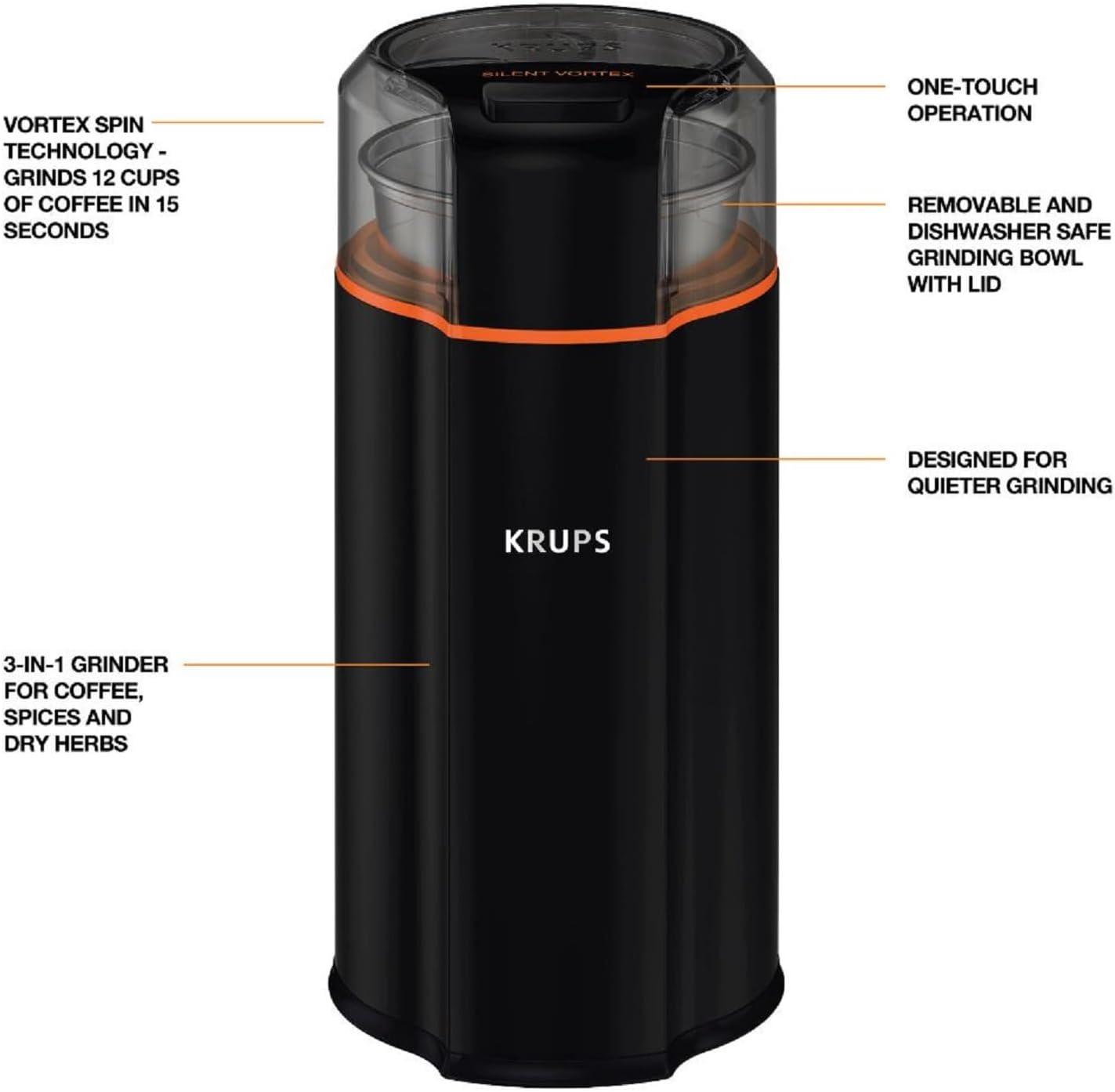 image:imageKRUPS 3oz Coffee Grinder Ultimate Silent Vortex Plastic and Stainless Steel Grinder with Removable Bowl MessFree 8 Times Quieter 2 Speeds 240 WattsDry HerbsDishwasher Safe12 cups ground SilverBlack