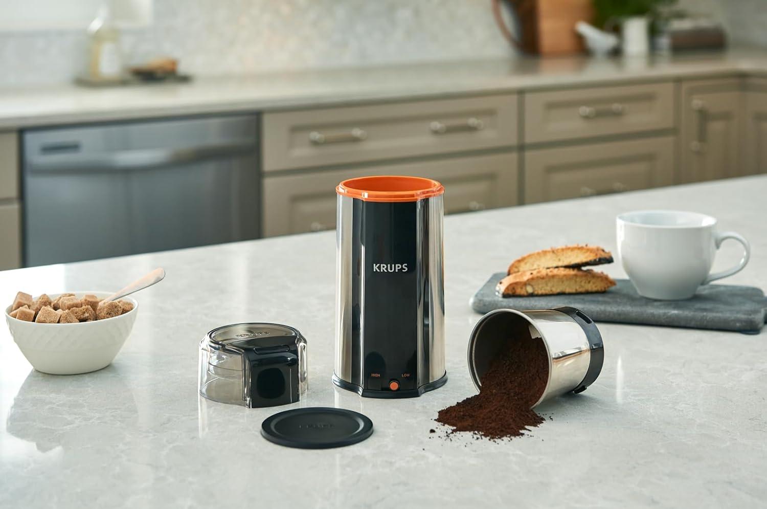 image:imageKRUPS 3oz Coffee Grinder Ultimate Silent Vortex Plastic and Stainless Steel Grinder with Removable Bowl MessFree 8 Times Quieter 2 Speeds 240 WattsDry HerbsDishwasher Safe12 cups ground SilverStainless Steel