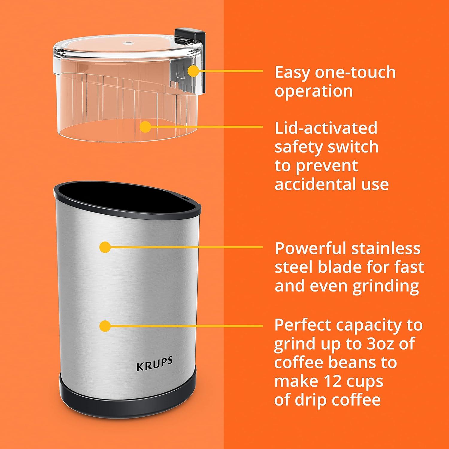 image:imageKRUPS 3oz Coffee Grinder Ultimate Silent Vortex Plastic and Stainless Steel Grinder with Removable Bowl MessFree 8 Times Quieter 2 Speeds 240 WattsDry HerbsDishwasher Safe12 cups ground SilverStainless Steel