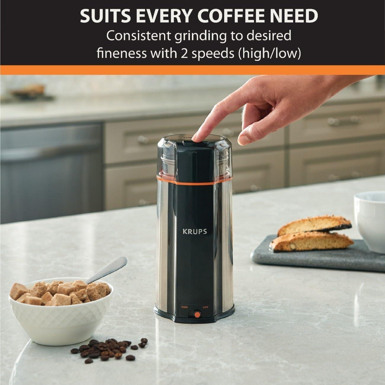 image:imageKRUPS 3oz Coffee Grinder Ultimate Silent Vortex Plastic and Stainless Steel Grinder with Removable Bowl MessFree 8 Times Quieter 2 Speeds 240 WattsDry HerbsDishwasher Safe12 cups ground SilverStainless Steel