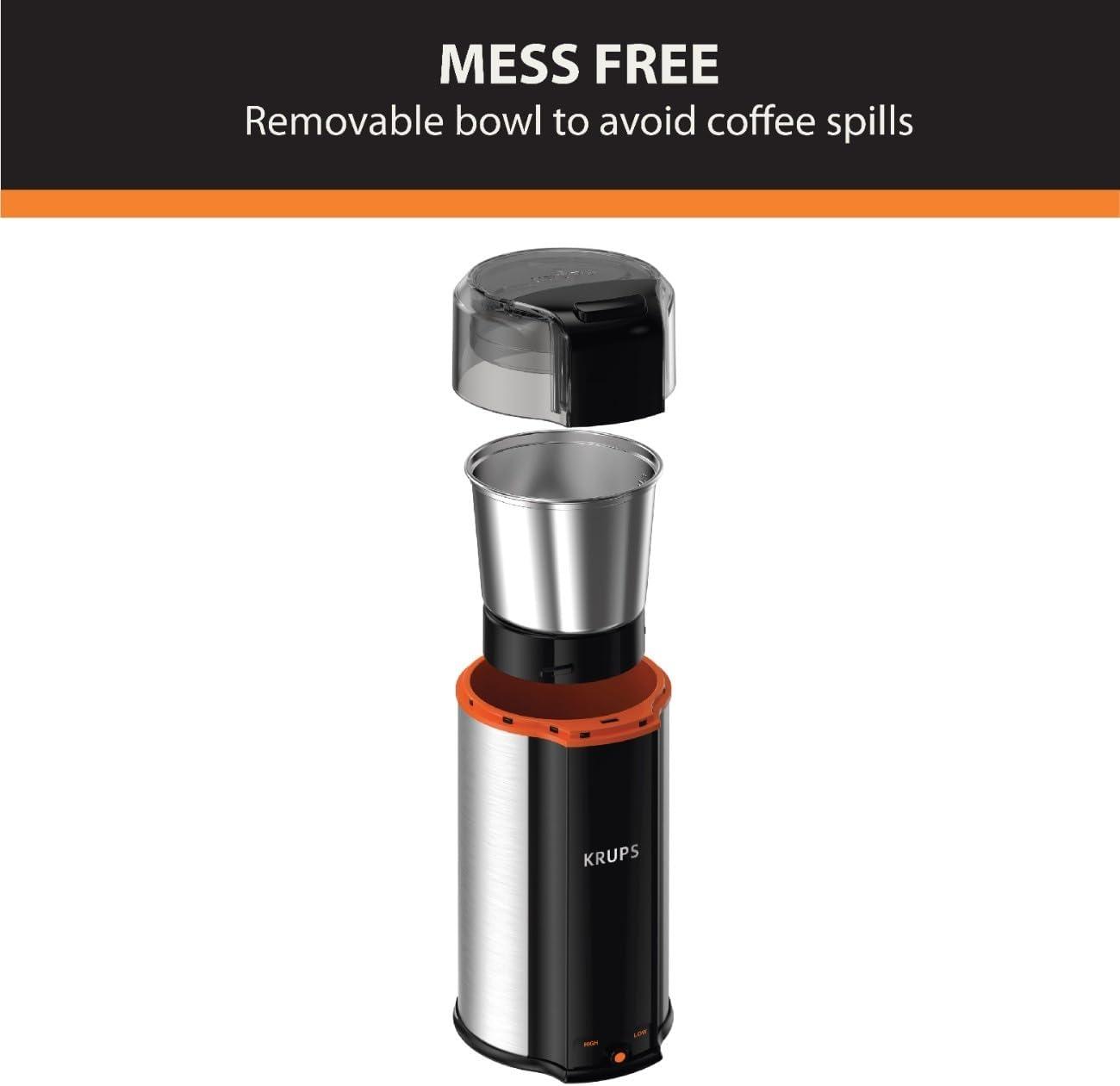 image:imageKRUPS 3oz Coffee Grinder Ultimate Silent Vortex Plastic and Stainless Steel Grinder with Removable Bowl MessFree 8 Times Quieter 2 Speeds 240 WattsDry HerbsDishwasher Safe12 cups ground SilverStainless Steel