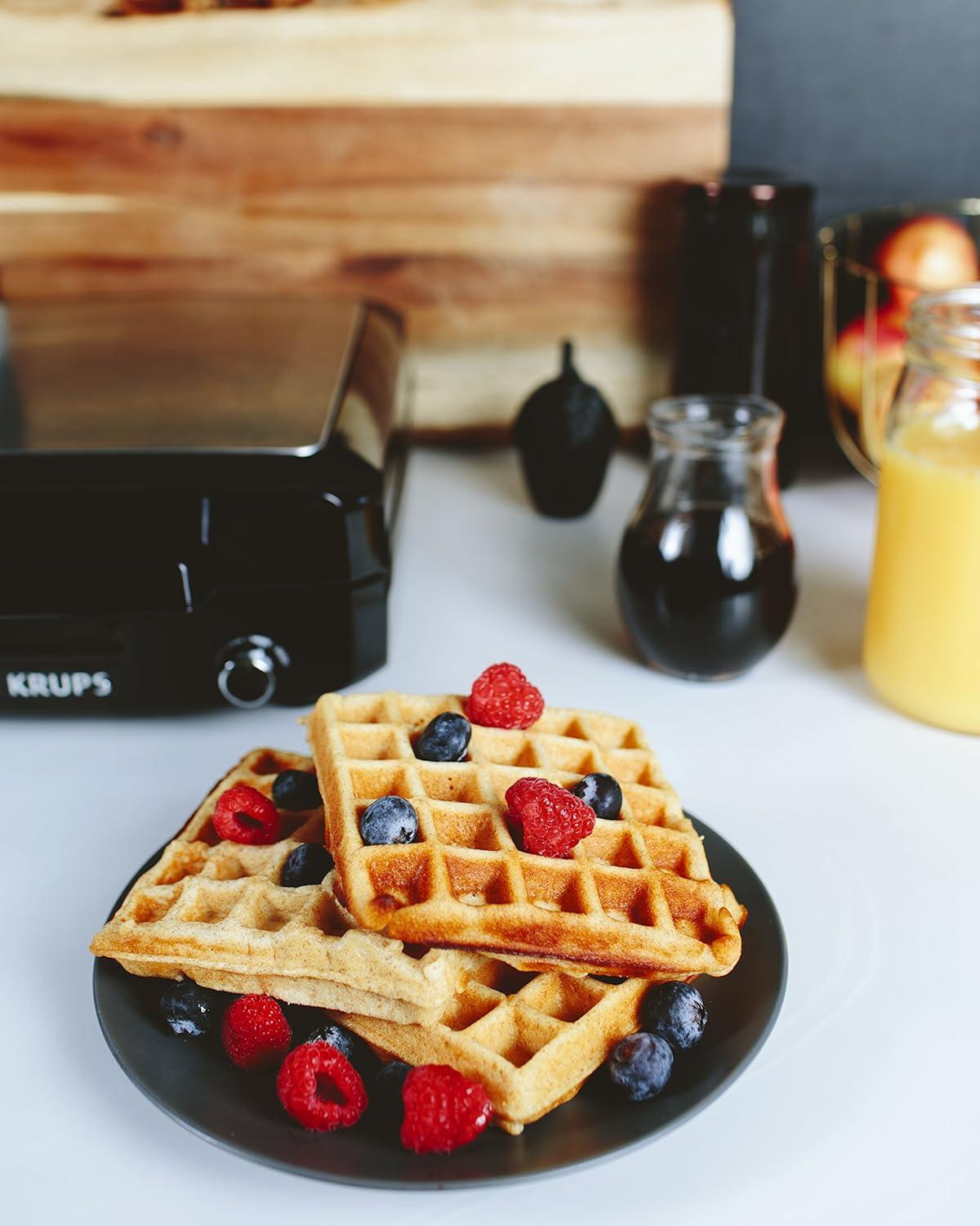 image:imageKRUPS 4Slice Belgian Waffle Maker Stainless Steel 5 Browning Levels Audible Ready Beep Removable Plates 1200W SilverBlack Large Waffle Maker Family Size Great for Family BreakfastsFamily Size 4 Waffle Slices