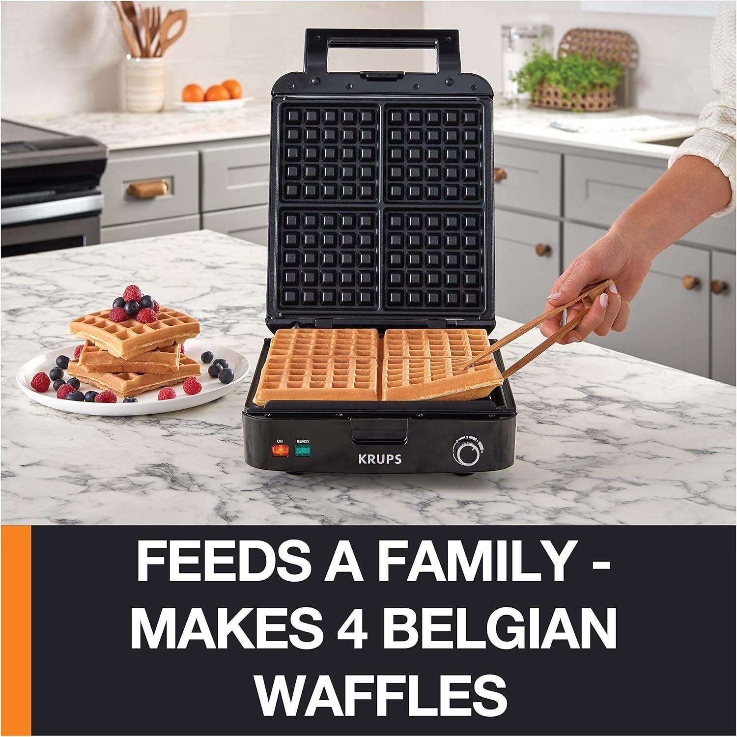 image:imageKRUPS 4Slice Belgian Waffle Maker Stainless Steel 5 Browning Levels Audible Ready Beep Removable Plates 1200W SilverBlack Large Waffle Maker Family Size Great for Family BreakfastsFamily Size 4 Waffle Slices