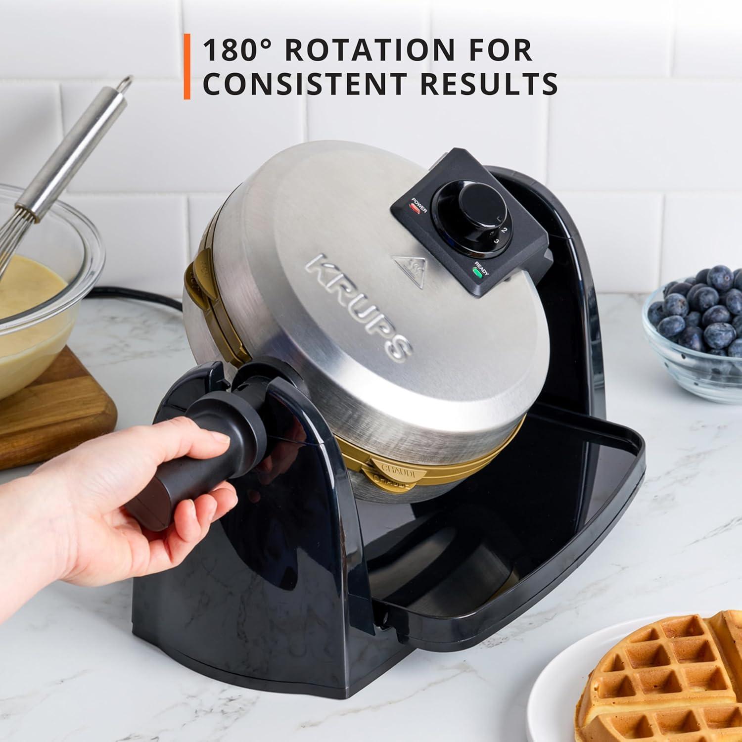 image:imageKRUPS 4Slice Belgian Waffle Maker Stainless Steel 5 Browning Levels Audible Ready Beep Removable Plates 1200W SilverBlack Large Waffle Maker Family Size Great for Family BreakfastsRotating Waffle Maker Ceramic Plates
