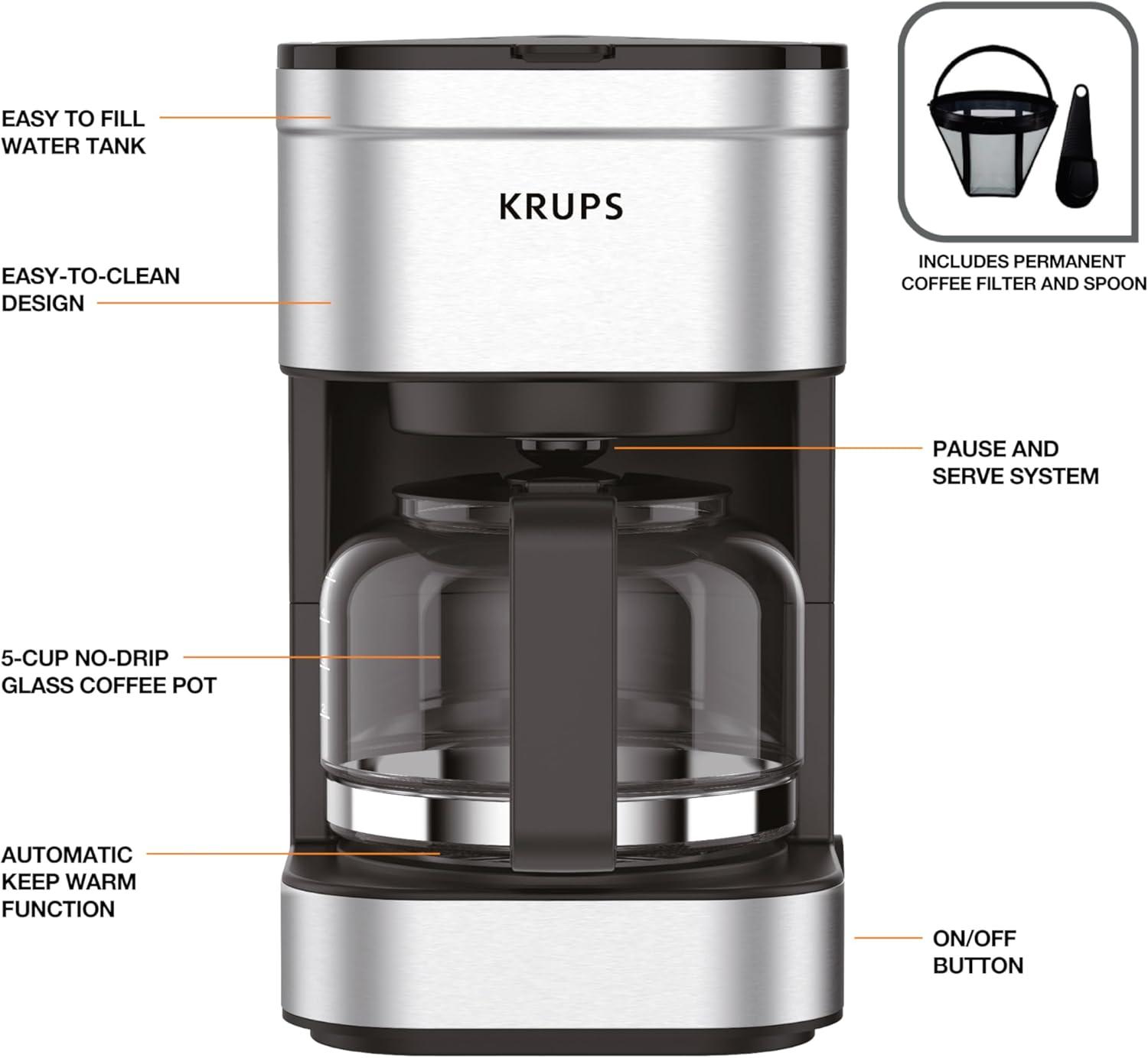 image:imageKRUPS Simply Brew Compact 5 Cup Coffee Maker Stainless Steel Design Pause amp Brew Keep Warm Reusable Filter DripFree Carafe5Cup Pack of 4