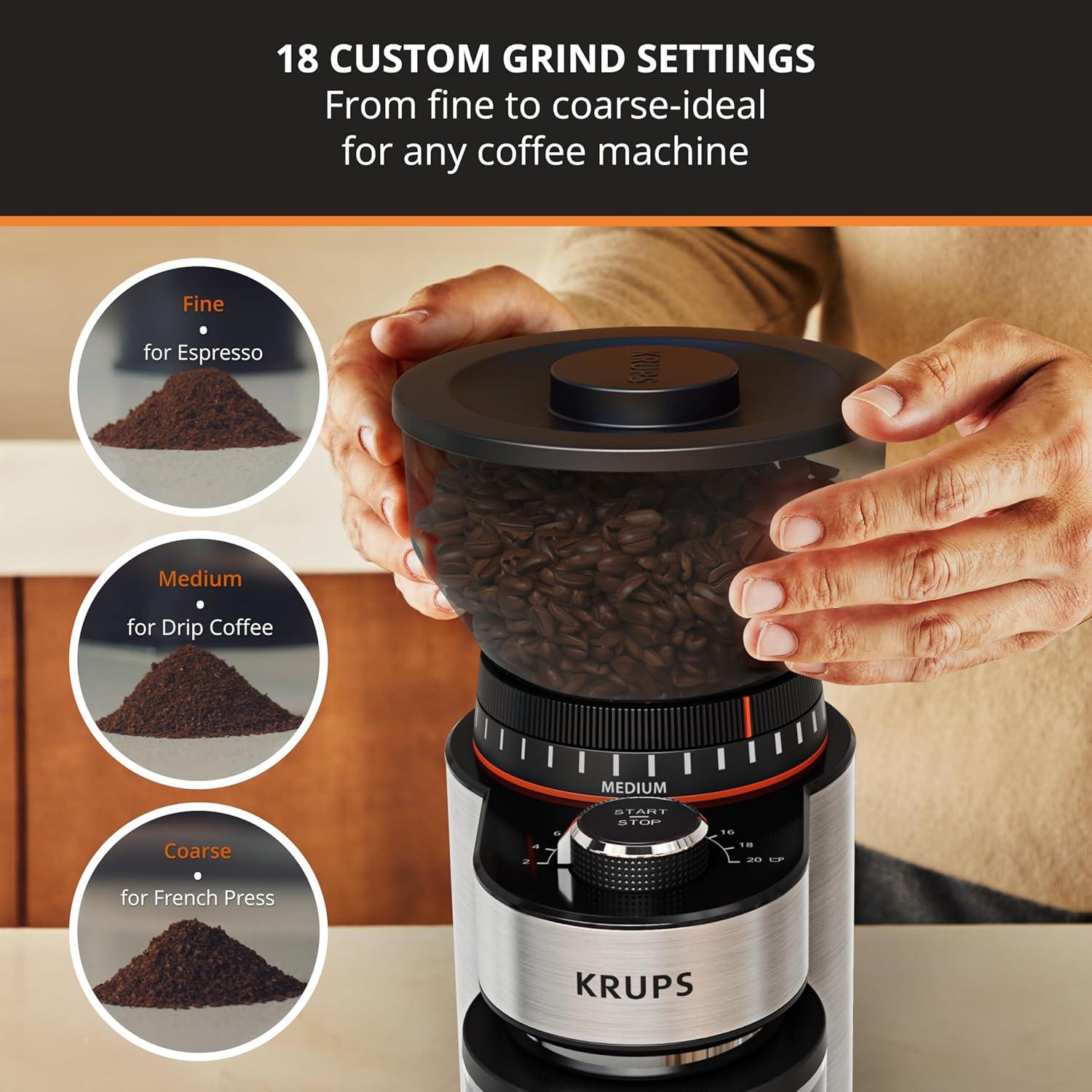 image:imageKRUPS Flat Burr Coffee Grinder Electric 18 Adjustable Grind Settings 220 Cups per Grind Single Touch Coffee Bean and Spice Grinder Stainless Steel Black18 Grind Settings