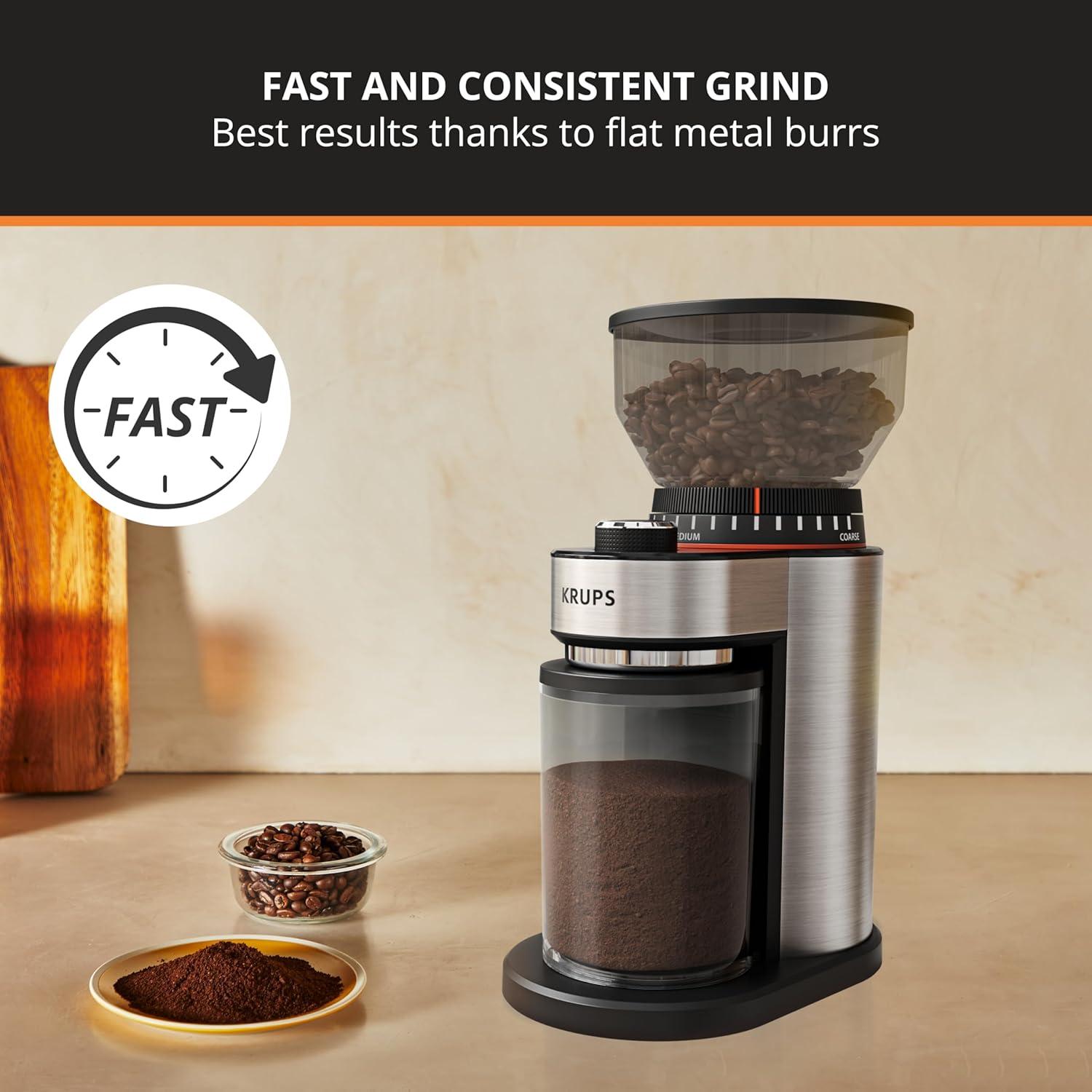 image:imageKRUPS Flat Burr Coffee Grinder Electric 18 Adjustable Grind Settings 220 Cups per Grind Single Touch Coffee Bean and Spice Grinder Stainless Steel Black18 Grind Settings
