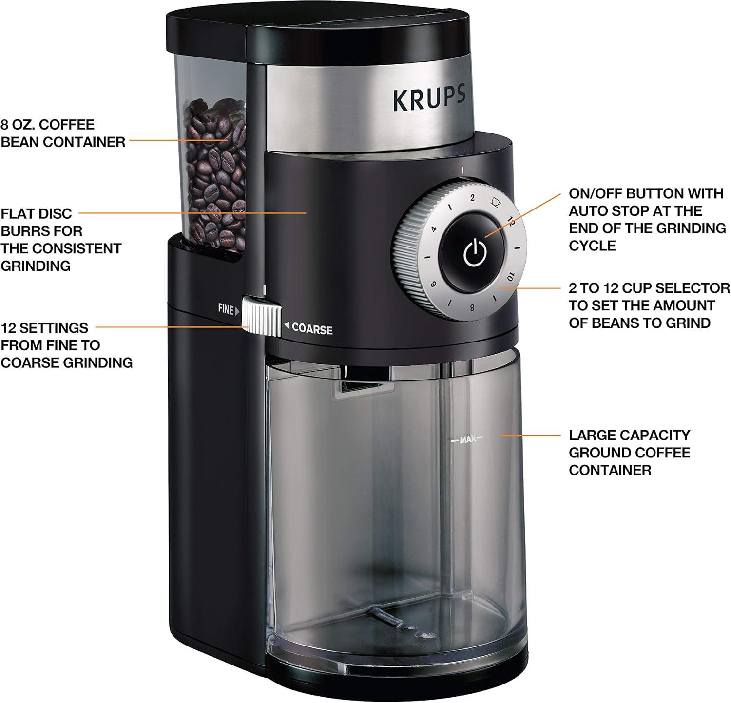 image:imageKRUPS Flat Burr Coffee Grinder Electric 18 Adjustable Grind Settings 220 Cups per Grind Single Touch Coffee Bean and Spice Grinder Stainless Steel Black12 Grind Settings