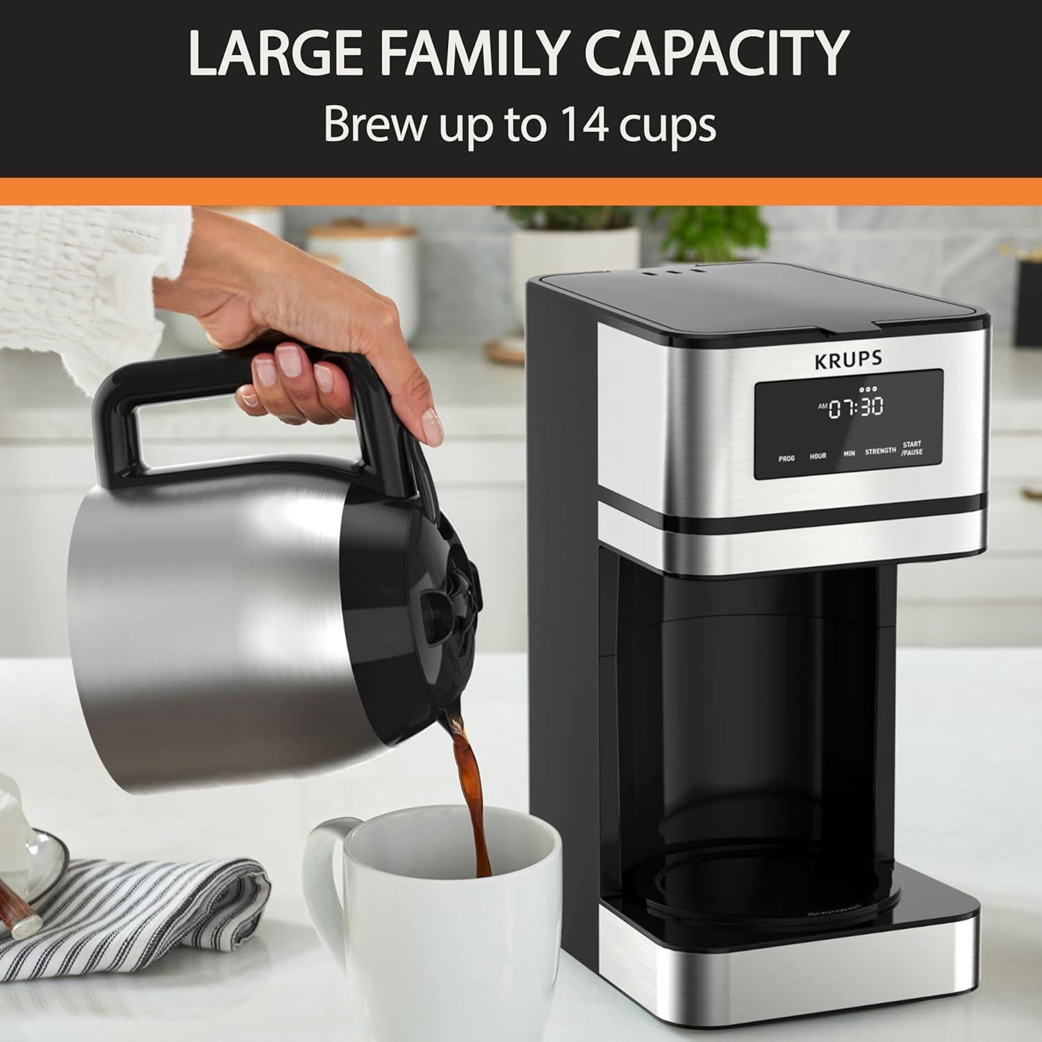 image:imageKRUPS Simply Brew Stainless Steel and Glass Carafe 12 Cup Drip Coffee Maker Programmable with Digital Display Dishwasher Safe Drip Free Coffee Machine Black and Silver12Cup