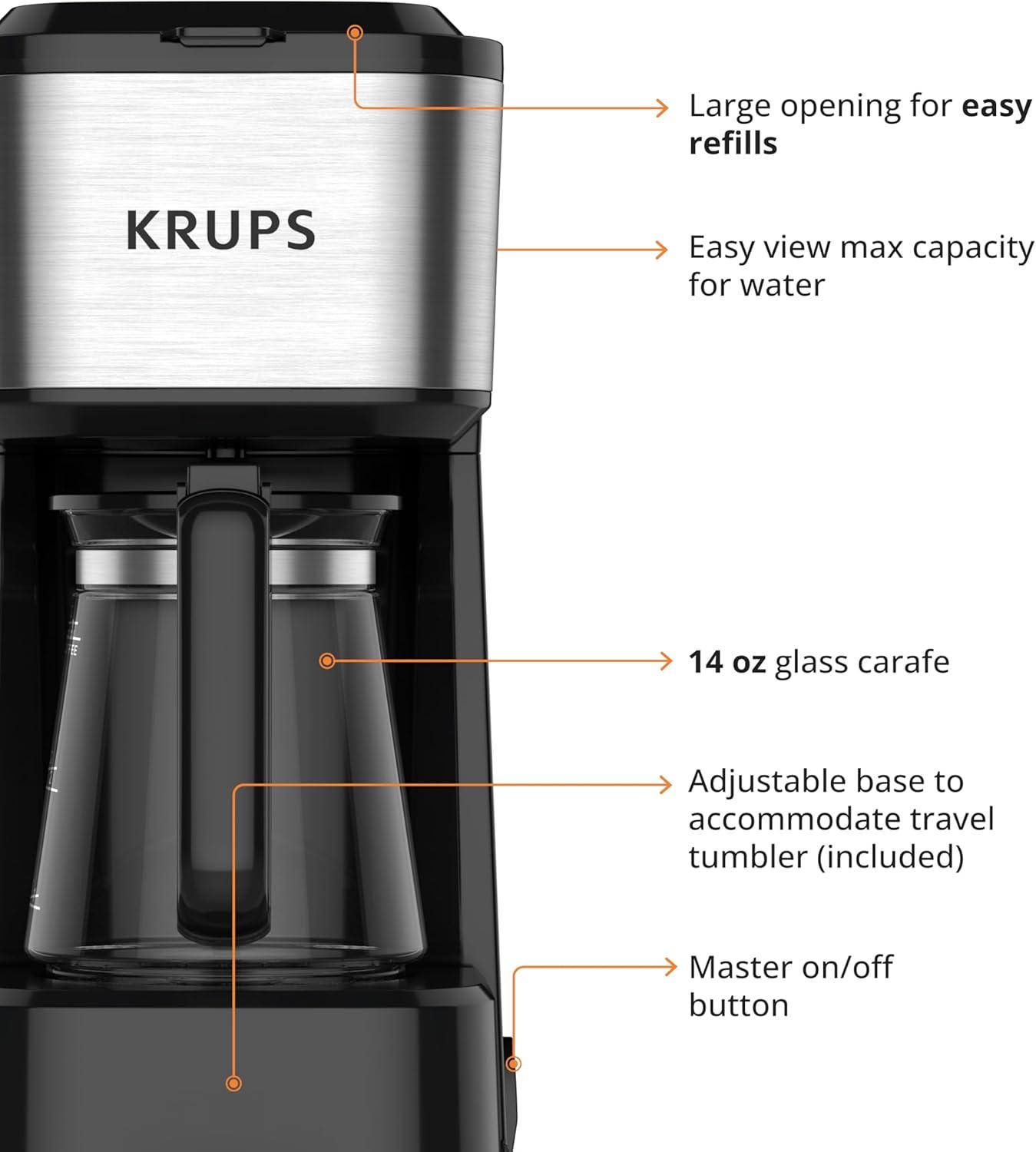 image:imageKRUPS Simply Brew Stainless Steel and Glass Carafe 12 Cup Drip Coffee Maker Programmable with Digital Display Dishwasher Safe Drip Free Coffee Machine Black and Silver2Cup