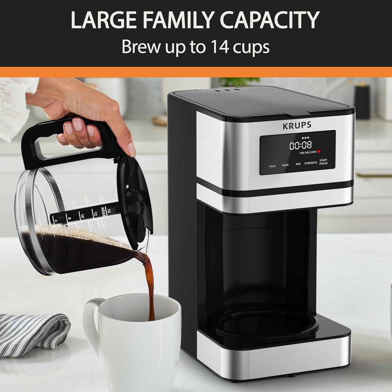 image:imageKRUPS Simply Brew Stainless Steel and Glass Carafe 12 Cup Drip Coffee Maker Programmable with Digital Display Dishwasher Safe Drip Free Coffee Machine Black and Silver12Cup