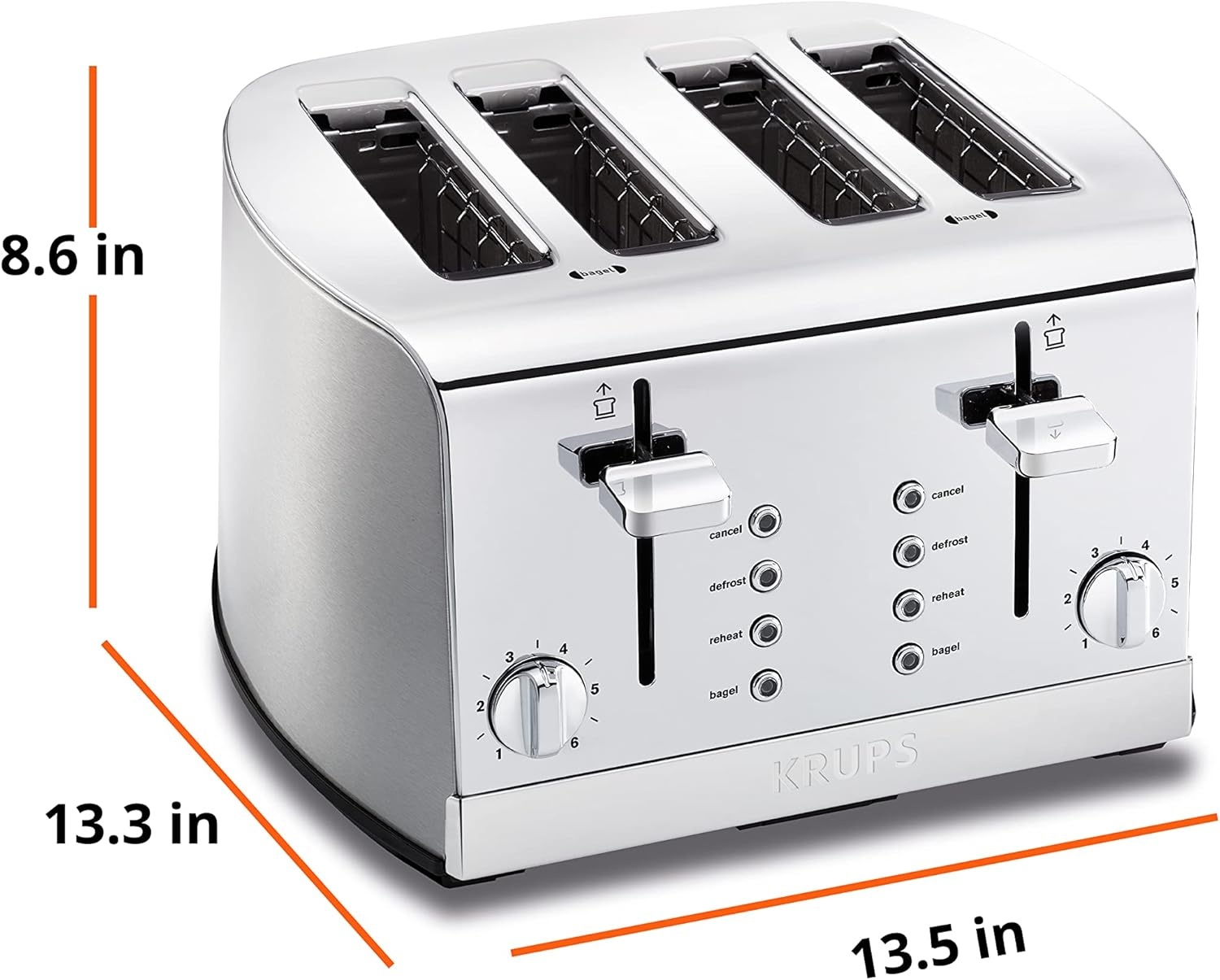 image:imageKRUPS Breakfast Set Stainless Steel Toaster 4 Slice 1500 Watts 6 Brown Settings Defrost Reheat High Lift Lever Silver Matte and ChromeVariable width slots