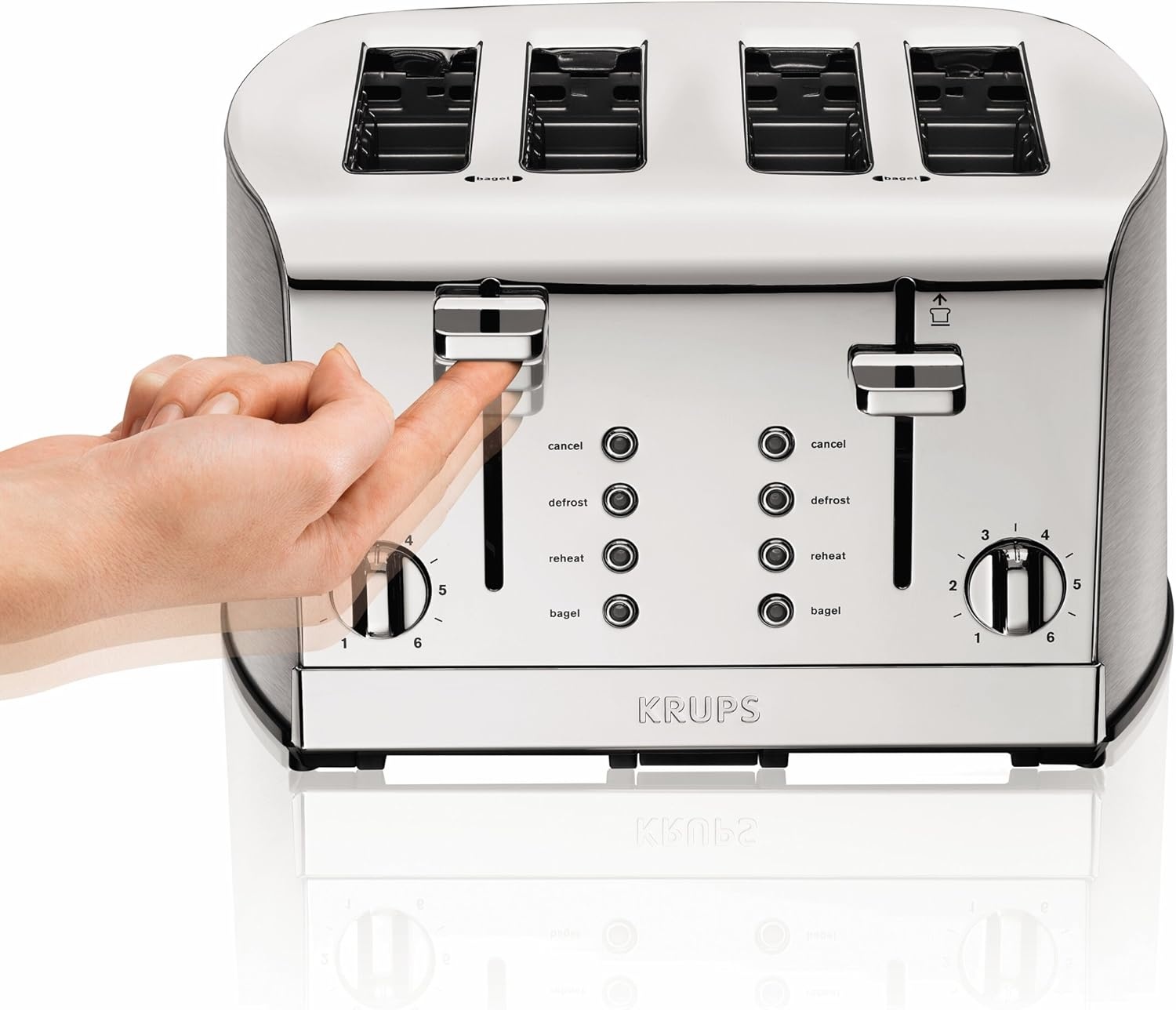 image:imageKRUPS Breakfast Set Stainless Steel Toaster 4 Slice 1500 Watts 6 Brown Settings Defrost Reheat High Lift Lever Silver Matte and ChromeVariable width slots