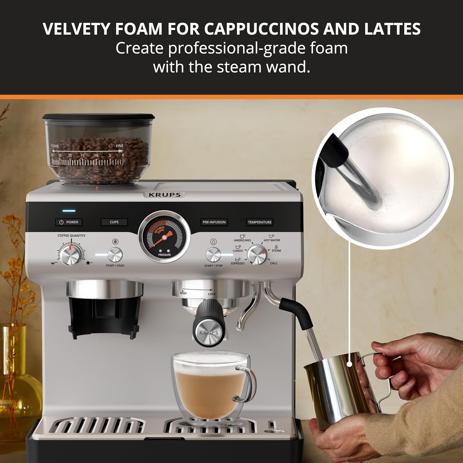 image:imageKRUPS Precision Espresso Coffee Machine with Grinder Latte amp Cappuccino Maker Pump Pressure Milk Frother Steam Wand Adjustable Grind Settings for BaristaQuality Results Stainless Steel amp Black