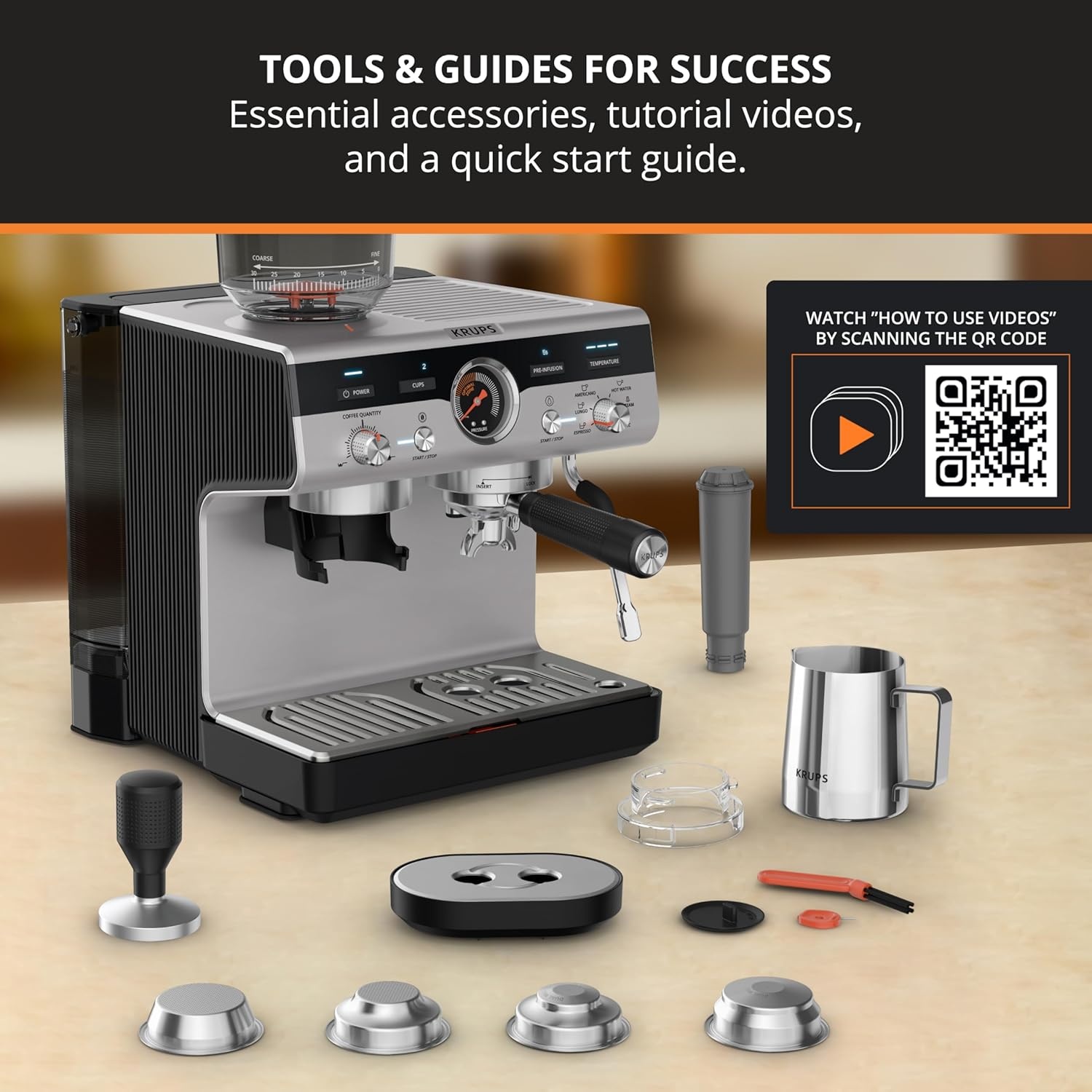 image:imageKRUPS Precision Espresso Coffee Machine with Grinder Latte amp Cappuccino Maker Pump Pressure Milk Frother Steam Wand Adjustable Grind Settings for BaristaQuality Results Stainless Steel amp Black