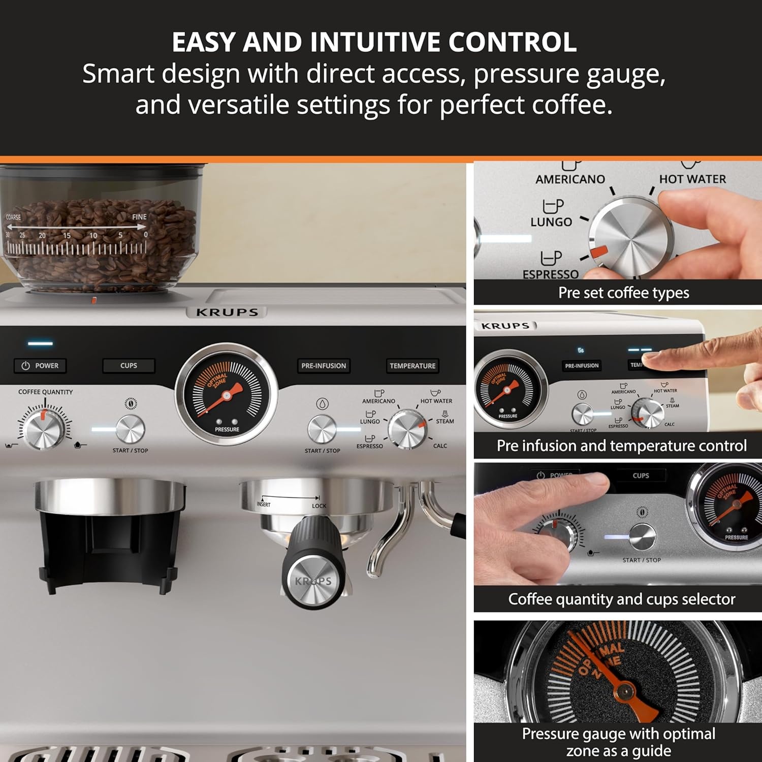 image:imageKRUPS Precision Espresso Coffee Machine with Grinder Latte amp Cappuccino Maker Pump Pressure Milk Frother Steam Wand Adjustable Grind Settings for BaristaQuality Results Stainless Steel amp Black