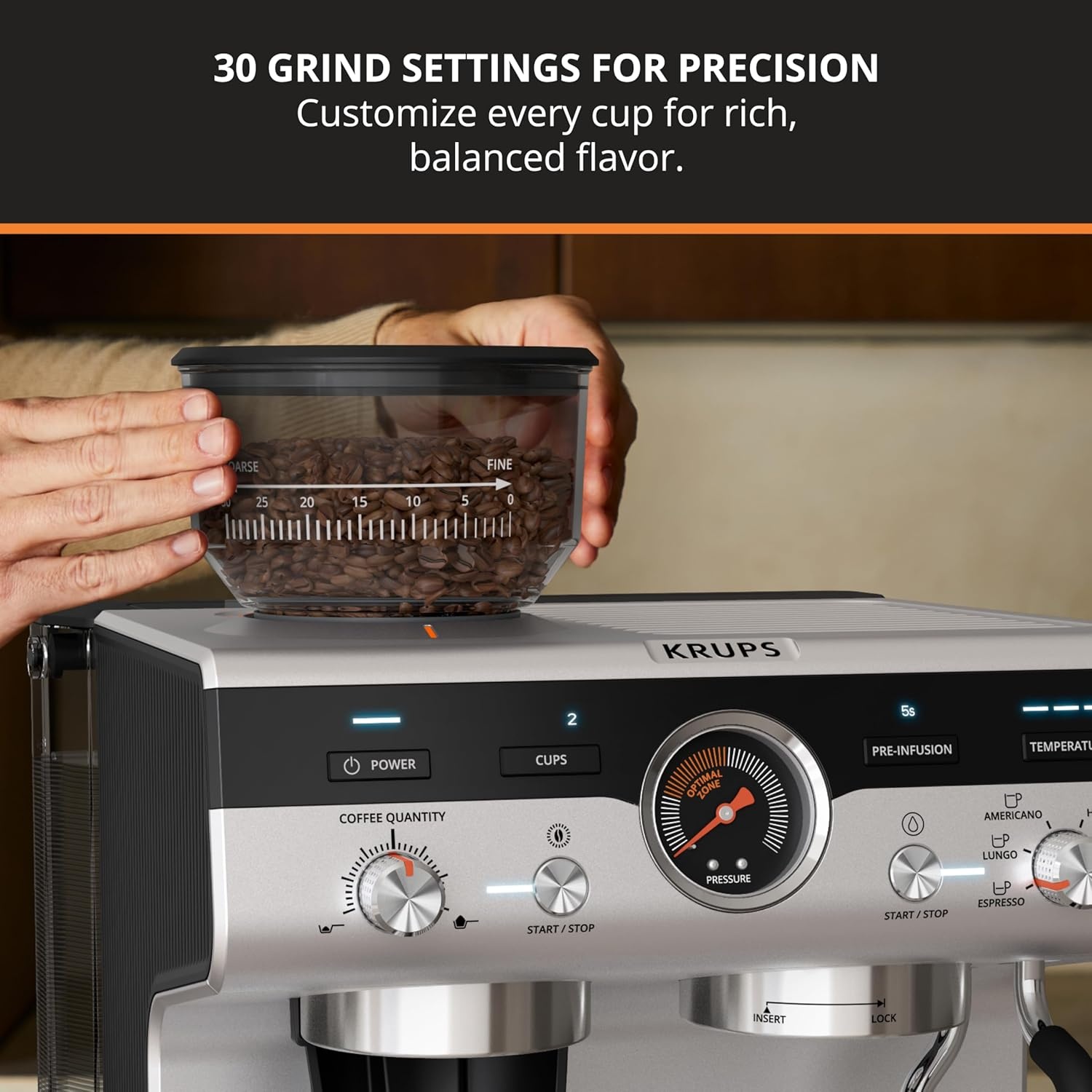 image:imageKRUPS Precision Espresso Coffee Machine with Grinder Latte amp Cappuccino Maker Pump Pressure Milk Frother Steam Wand Adjustable Grind Settings for BaristaQuality Results Stainless Steel amp Black