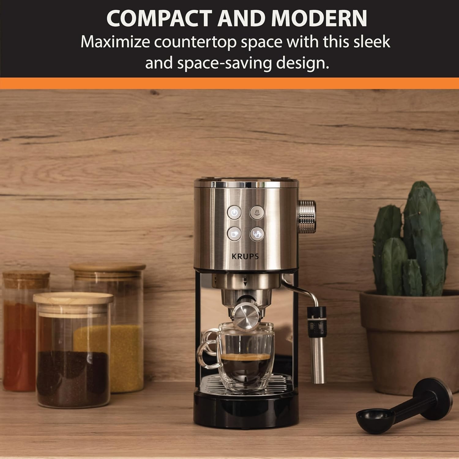 image:imageKRUPS Stainless Steel Espresso Machine 15Bar Pump Pressure Milk Frother for Cappuccino and Latte Fast PreHeat 2Cup Capacity Cup Warmer Easy Cleaning 1350W Silver2Cup