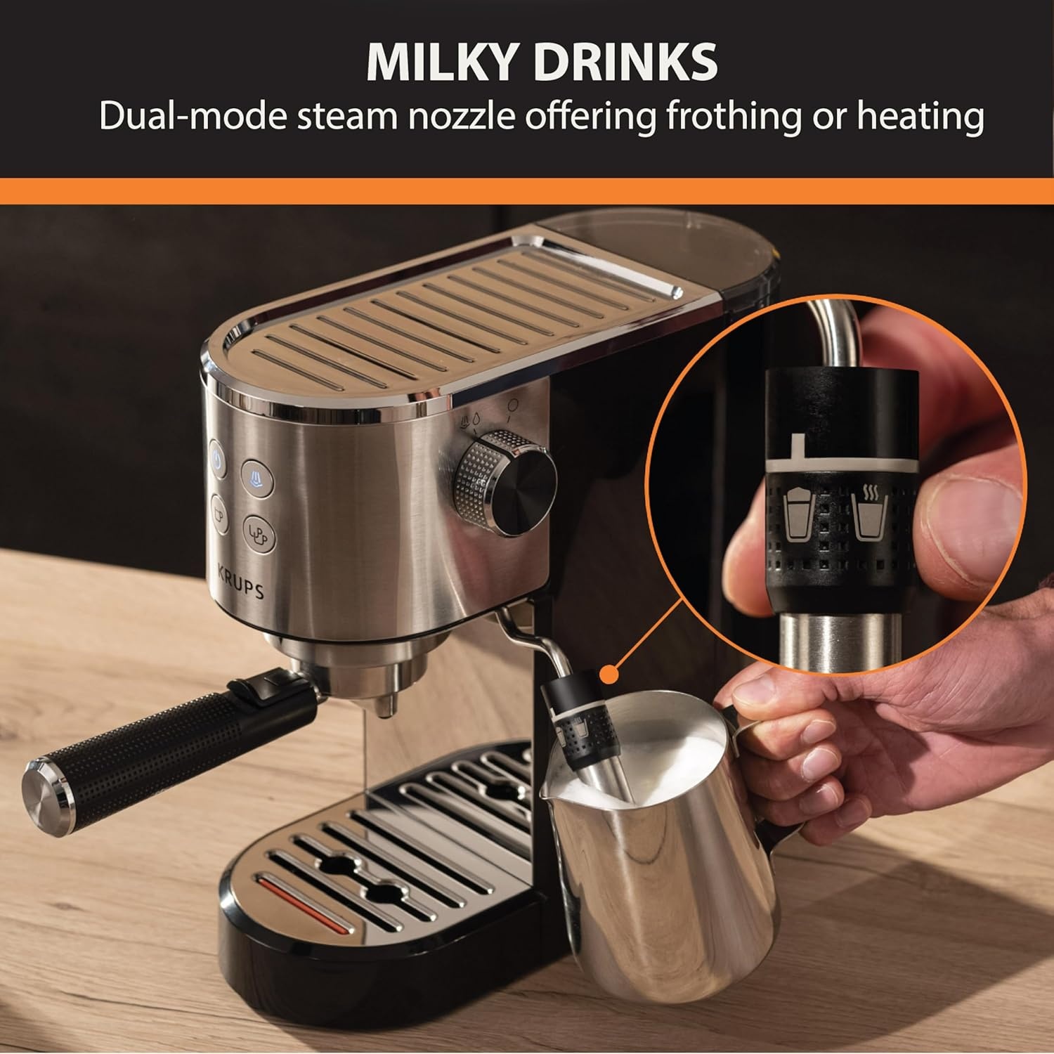 image:imageKRUPS Stainless Steel Espresso Machine 15Bar Pump Pressure Milk Frother for Cappuccino and Latte Fast PreHeat 2Cup Capacity Cup Warmer Easy Cleaning 1350W Silver2Cup