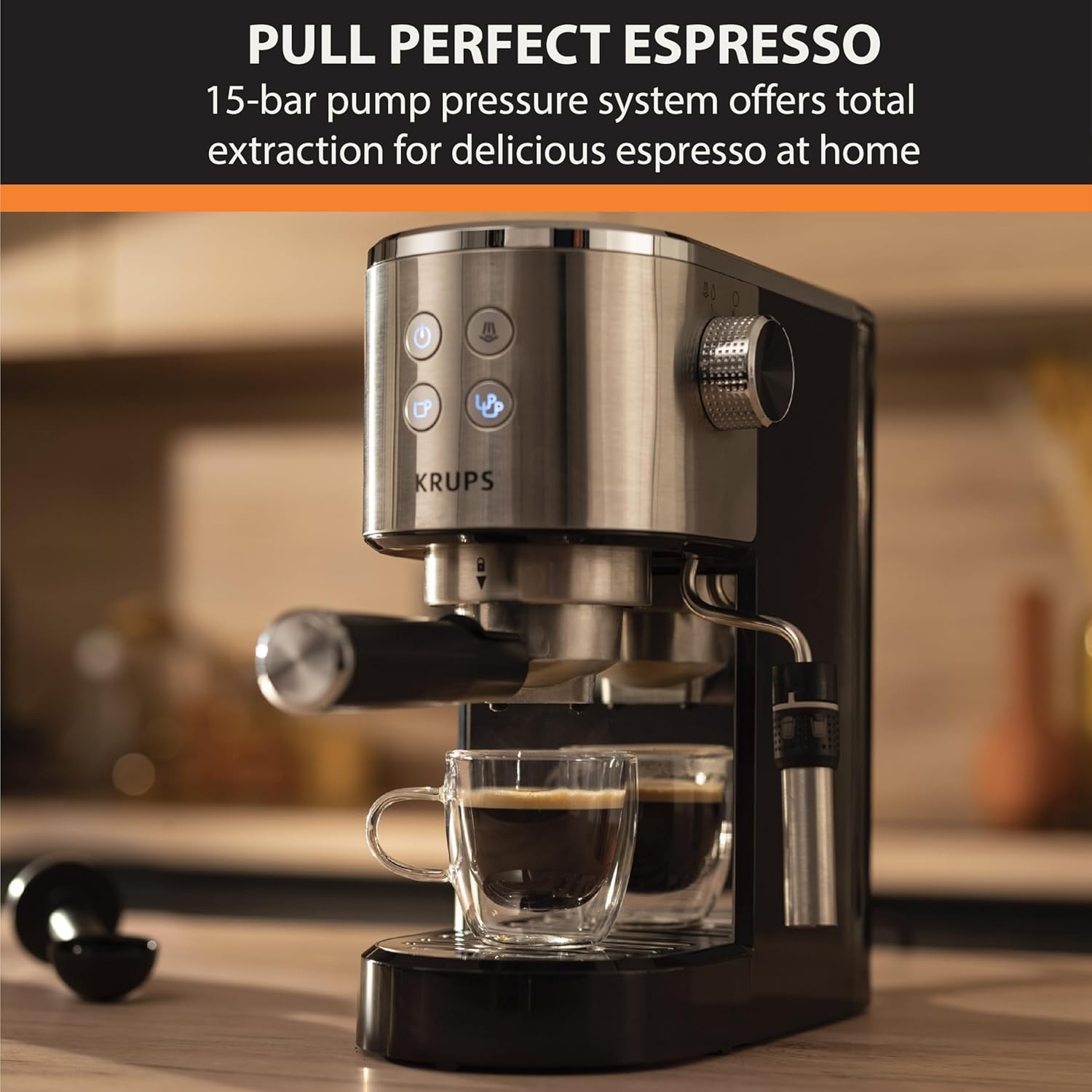 image:imageKRUPS Stainless Steel Espresso Machine 15Bar Pump Pressure Milk Frother for Cappuccino and Latte Fast PreHeat 2Cup Capacity Cup Warmer Easy Cleaning 1350W Silver2Cup