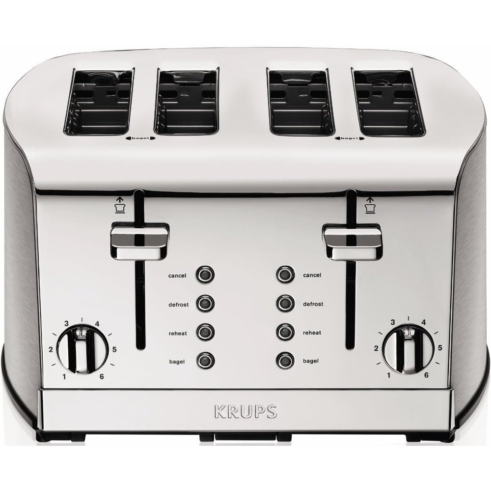 image:imageKRUPS Breakfast Set Stainless Steel Toaster 4 Slice 1500 Watts 6 Brown Settings Defrost Reheat High Lift Lever Silver Matte and ChromeVariable width slots